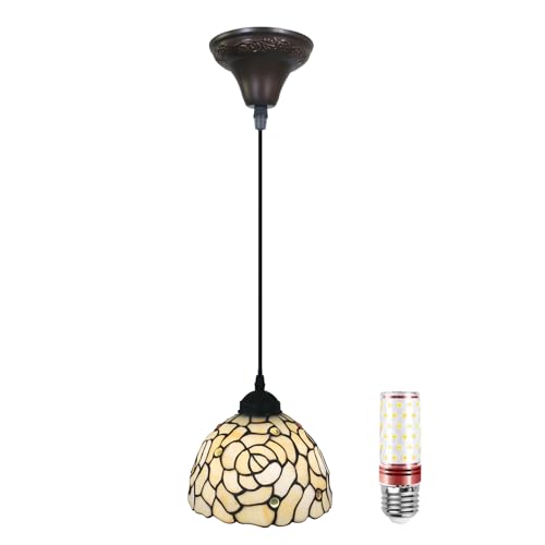 Uziqueif Hängelampe Tiffany Gelb Vintage Pendelleuchte Höhenverstellbar Pendant Light für Küche Schlafzimme Wohnzimmer Flur, Deckenleuchte Hängend, Gelbe Rose von Uziqueif