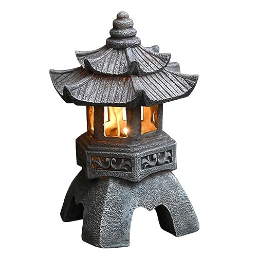 Uziqueif Japanische Gartenlaterne Ornamente, Japanische Solar Zen Garten Pagode Laterne Ornamente Statue - Innen/Außen Solarleuchten Lampe Ornamente für Garten, Patio, H 26cm,Grau von Uziqueif