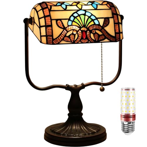 Uziqueif Klassische Bankerlampe, Retro, Tiffany tischlampe, Tischlampe mit zugschalter, Lampenschirm Glas, Tischleuchte Für Büro, Nachttischlampe von Uziqueif