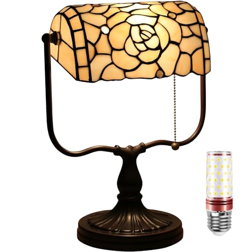 Uziqueif Klassische Bankerlampe, Retro Tiffany tischlampe, tischlampe mit zugschalter, Lampenschirm Glas, Tischleuchte Für Büro, Nachttischlampe von Uziqueif