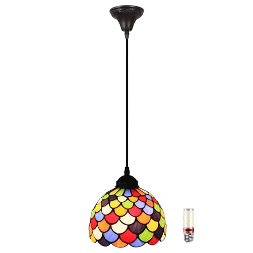 Uziqueif Pendelleuchte Vintage, 8 zoll Hängelampe für Wohnzimmer Küche Schlafzimme Bar, Tiffany Style Glas Lampenschirm, Höhenverstellbar Deckenlampe Hängend von Uziqueif
