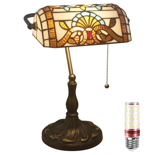 Uziqueif Retro Tiffany Style Tischlampe/Bankerlampe - E27 Schreibtischlampe mit Zugkettenschalter und 1 Leuchtmittel, Legierungsbasis - für Büro,Hause,Wohnzimmer,Schlafzimmer,Esszimmer,Baroque von Uziqueif