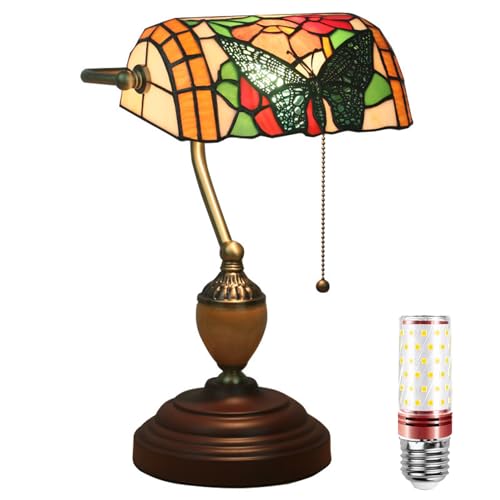 Uziqueif Retro Tiffany Style Tischlampe/Bankerlampe - E27 Schreibtischlampe mit Zugkettenschalter und 1 Leuchtmittel, Legierungsbasis - für Büro,Hause,Wohnzimmer,Schlafzimmer,Esszimmer,Butterfly b von Uziqueif