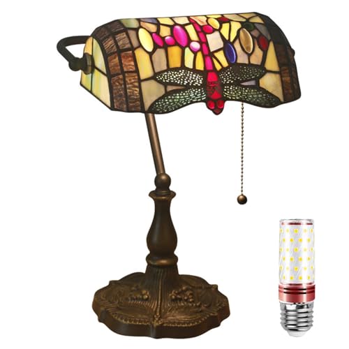 Uziqueif Retro Tiffany Style Tischlampe/Bankerlampe - E27 Schreibtischlampe mit Zugkettenschalter und 1 Leuchtmittel, Legierungsbasis - für Büro,Hause,Wohnzimmer,Schlafzimmer,Esszimmer,Dragonfly von Uziqueif