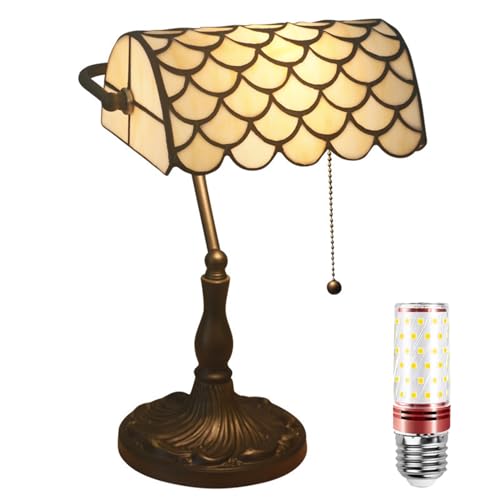 Uziqueif Retro Tiffany Style Tischlampe/Bankerlampe - E27 Schreibtischlampe mit Zugkettenschalter und 1 Leuchtmittel, Legierungsbasis - für Büro,Hause,Wohnzimmer,Schlafzimmer,Esszimmer,Fish Scales von Uziqueif