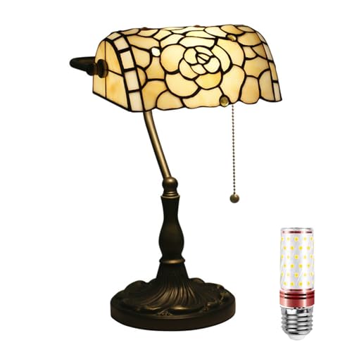 Uziqueif Retro Tiffany Style Tischlampe/Bankerlampe - E27 Schreibtischlampe mit Zugkettenschalter und 1 Leuchtmittel, Legierungsbasis - für Büro,Hause,Wohnzimmer,Schlafzimmer,Esszimmer,Rose a von Uziqueif