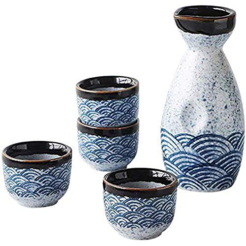Uziqueif Sake-Trinkset Japanisches,Set Von Fünf Keramik Sake Pfannen Japanischen Stil Mit 4 Tassen Sake Und 1 Sake-Flasche,1 Set von Uziqueif
