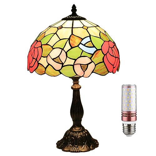 Uziqueif Tiffany Lampe, Retro Rose Tiffany Tischlampe, Nachttischlampen für Schlafzimmer, 12 Zoll Buntglas Lampe Mit E27 LED Birne,A von Uziqueif