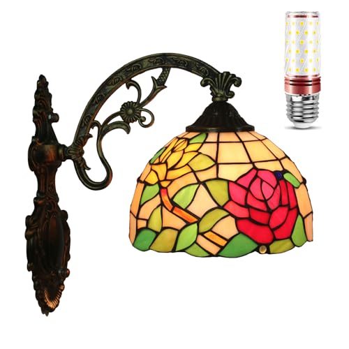 Uziqueif Tiffany Wandleuchte Innen, Vintage Tiffany Wandlampe mit Base aus Antik Metall, E27 Wanddeko Beleuchtung Wandlampen für Wohnzimmer Restaurant Schlafzimmer Treppenhaus Flur, Flower von Uziqueif