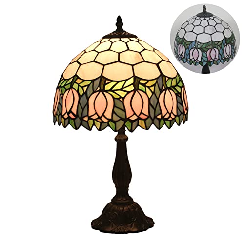 Uziqueif Vintage Tiffany Style Tischlampe W12 H19 Zoll, E27 Handcraft Sonnenblume/Tulpe/Rose Glasmalerei Lampenschirme Tischlampen für Schlafzimmer Wohnzimmer Nachttischlampe Office,Tulip A von Uziqueif