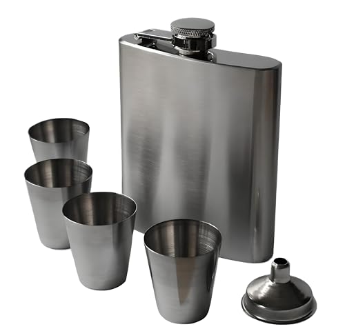 Flachmann Set mit Trichter & 4x 3cl Pinnchen – Edle Geschenkbox Verpackung, Flachmann 7 oz, 207ml inklusive 4 Schnapsgläser und Trichter von Uzman