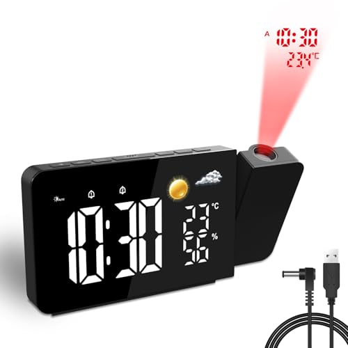 Uzoli EM3211A Projektionswecker mit LED-Anzeige, 8h Wettervorhersage, Temperatur & Luftfeuchtigkeit, 2 Wecker, Schlummerfunktion, 180° drehbare Projektion, 10 Klingeltöne, ideal für Zuhause oder Büro Uzoli EM3211A Projektionswecker mit LED-Anzeige, 8h Wettervorhersage, Temperatur & Luftfeuchtigkeit, 2 Wecker, Schlummerfunktion, 180° drehbare Projektion, 10 Klingeltöne, ideal für Zuhause oder Büro von Uzoli