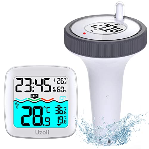 Uzoli Poolthermometer schwimmend funk mit Poolsensor Wassertemperatur Innentemperatur LCD-Display Komfortstufe Uhrzeit Wecker IPX7 Thermometer für Pool Schwimmbad Teich - EM3385 von Uzoli