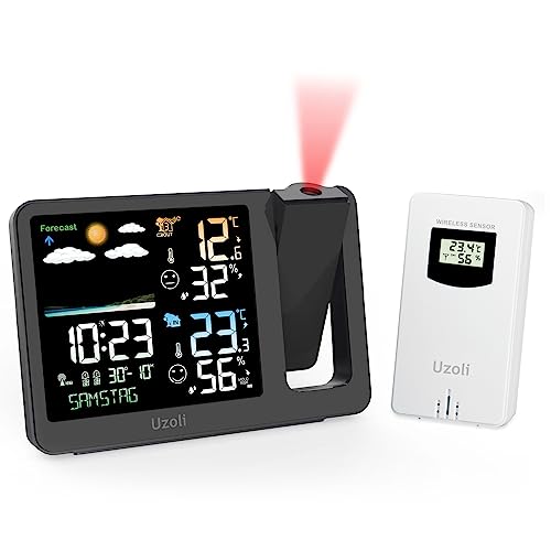 Uzoli Projektionswecker Digitaler Wecker mit Projektion Funkuhr Innen Außen Thermometer Hygrometer Wettervorhersage Komfortstufe Schimmelrisiko Projektionsuhr Wetterstation mit Außensensor - EM3539A von Uzoli