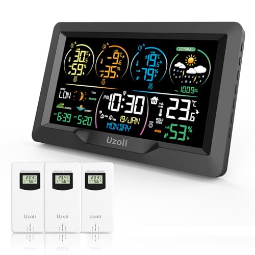 Uzoli Wetterstation funk mit 3 Außensensoren DCF-Funkuhr Farbdisplay Wettervorhersage Innen Außen Thermometer Hygrometer Luftdruck Sonnenaufgang/-untergang Gezeiten Mondphase Funkwetterstation EM3390 von Uzoli