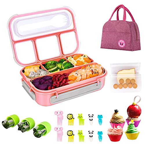 Brotdose Kinder Erwachsene mit Fächern, 1300ML Lunchbox, Snackbox Brotbox, Jausenbox, Bento Box mit Lunchtasche Ausstechformen Obstgabeln Gefrierbeutel Muffinförmchen für Schule, Kindergarten (Rosa) von V·Colokishi