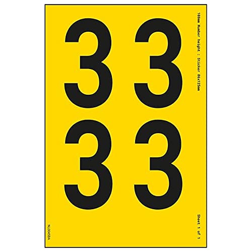 Ein Nummernblatt – 3 – 76 mm Höhe – 300 x 200 mm – gelbes selbstklebendes Vinyl von V Safety