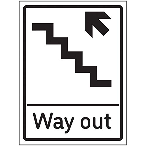 Schild mit Aufschrift"VSafety Way Out", Pfeil nach oben, Treppen nach links, 150 x 200 mm, selbstklebend von V Safety