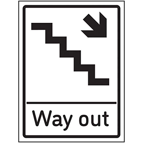 Schild mit Aufschrift"VSafety Way Out", Pfeil nach unten Treppen, rechts, 150 x 200 mm, 3 mm gebürstetes Aluminium von V Safety