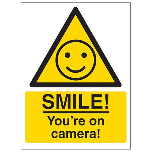 V Safety 6E061AN-R Lächeln Sie sind auf der Kamera Smile You're on Camera Schild – 150 mm x 200 mm – 1 mm starrer Kunststoff, Gelb, Schwarz, 150mm x 200mm von V Safety