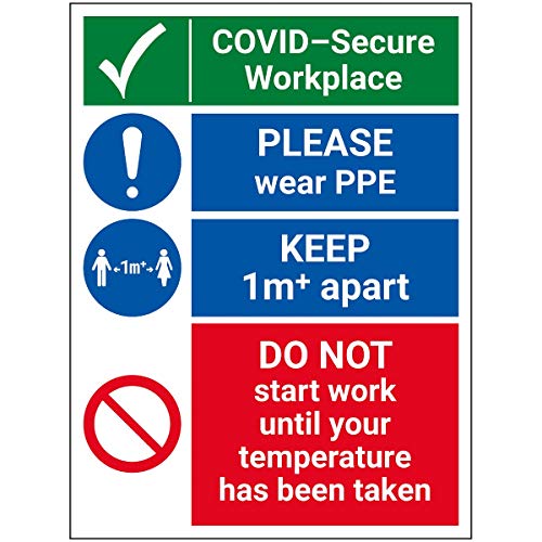 V Safety CV321BC-R Vsafety Covid-Secure Arbeitsplatz – Bitte tragen Sie PPE – 300 mm x 400 mm – 1 mm starrer Kunststoff, 300 x 400 von V Safety