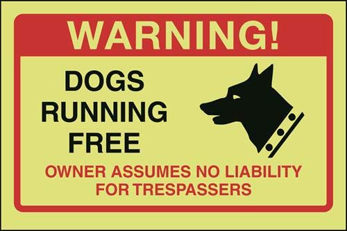 V Safety DP007AR-G 200 mm x 150 mm, leuchtet im Dunkeln, starrer Kunststoff Hinweisschild mit Aufschrift Dogs Running Free, Owner No Liabilty, 200MM X 150MM von V Safety