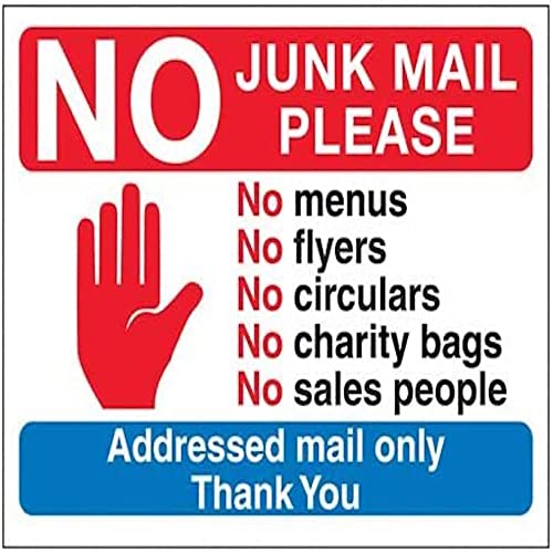 V Safety DP056AR-W Schild mit Aufschrift Stop Hand: No Junk Mail Please, Thank You 200 mm x 150 mm – Fensteraufkleber, rot, 200mm x 150mm von V Safety