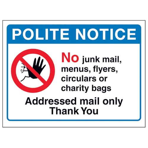 V Safety DP062AR-S Polite Notice: No Junk, Addressed Mail Only Sign 200 mm x 150 mm, selbstklebendes Vinyl, blau, 200mm x 150mm von V Safety