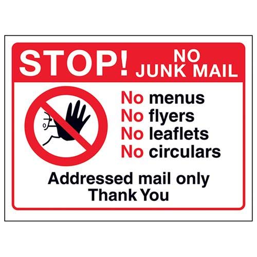 V Safety DP045AR-S Schild Stop: No Junk Mail 200 mm x 150 mm, selbstklebendes Vinyl, rot, 200mm x 150mm von V Safety