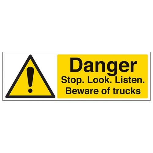 VSafety Danger Stop, Look, Listen Beware Of Trucks, Querformat, 450 x 150 mm, 1 mm starrer Kunststoff von V Safety