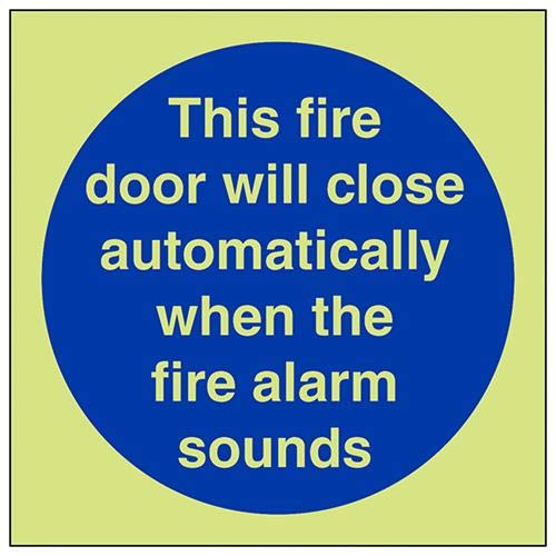 VSafety Glow In The Dark This Fire Door Will Close Automatic On The Operation Of The Fire Alarm, Schild, 200 mm x 200 mm, selbstklebendes Vinyl von V Safety