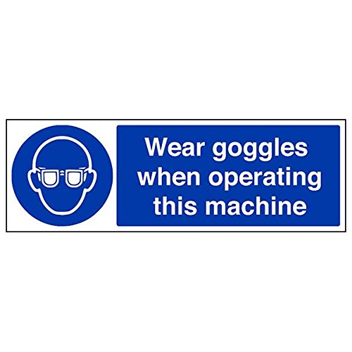 VSafety 41052BJ-S Schild "Wear Goggles When Operating This Machine", 450 mm x 150 mm, 3 Stück von V Safety