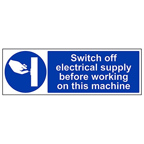 VSafety Schilder – 42017BP-S – Gebotsschild – selbstklebend – "Switch Off Electricity Supply Before Working On This Machine" – 600 x 200 mm – 3 Stück von V Safety
