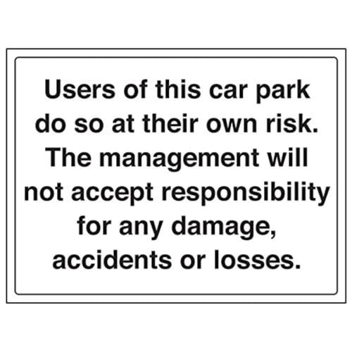 VSafety Schilder – 74028BF-S – Allgemeines Parkplatzschild – selbstklebend – Parkplatzbenutzung auf eigenes Risiko/No Responsibility Taken – 400 x 300 mm – Querformat – 3 Stück von V Safety