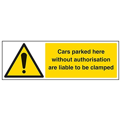 VSafety Signs – 6E046BJ-S – Sicherheitsschild – selbstklebend –"Cars Parked Here Without Authorization Are Liable To Be Clamped" – 450 x 150 mm – 3 Stück von V Safety