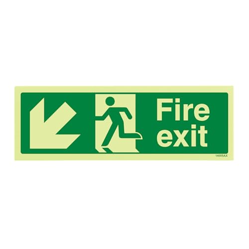 VSafety Warnschild „Fire Exit“, 300 x 100 mm, selbstklebendes Vinyl, leuchtet im Dunkeln, Pfeil nach links unten von VSafety