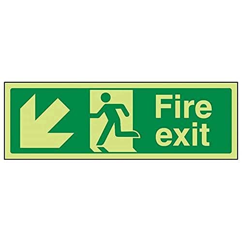 VSafety Warnschild „Fire Exit“, 450 x 150 mm, selbstklebendes Vinyl, leuchtet im Dunkeln, Pfeil nach links unten von VSafety