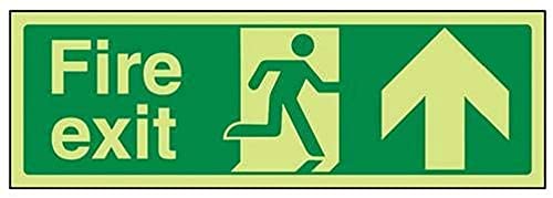 VSafety Warnschild mit Aufschrift auf Englisch „Fire Exit“, 450 mm x 150 mm, selbstklebendes Vinyl, leuchtet in der Dunkelheit, Pfeil nach oben von VSafety