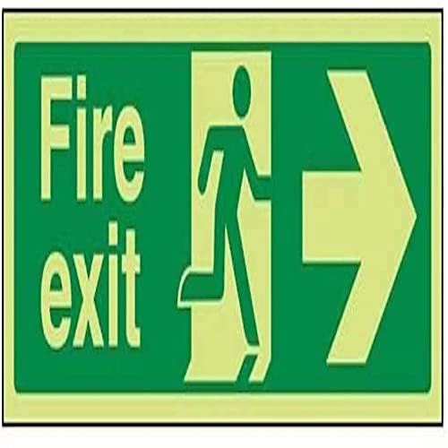 VSafety Warnschild „Fire Exit“, 300 x 100 mm, selbstklebendes Vinyl, leuchtet in der Dunkelheit, Pfeil rechts von VSafety