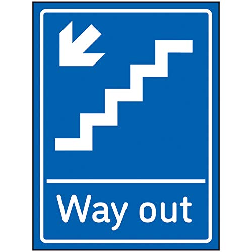 VSafety Way Out Pfeil nach unten Treppen links Schild – 150 x 200 mm – blau selbstklebendes Vinyl von V Safety
