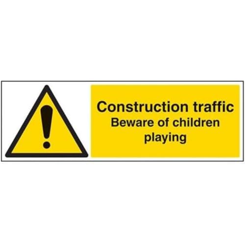 VSafety englisches Schild mit Aufschrift "Construction Traffic. Beware Of Children Playing Sign", Querformat, 600 x 200 mm, selbstklebendes Vinyl von V Safety