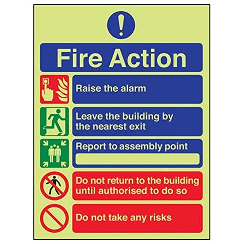 VSafety im Dunkeln leuchtendes englisches Schild „Fire Action“ mit 5 Mitteilungen, 200 x 300 mm, selbstklebendes Vinyl von V Safety