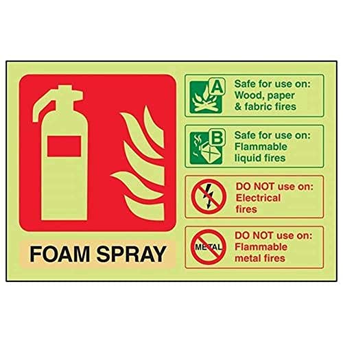 VSafety leuchtendes Feuerlöscherschild „Foam Spray ID Not Electrical Safe“ - 200 mm x 150 mm - selbsthaftendes Vinyl von V Safety