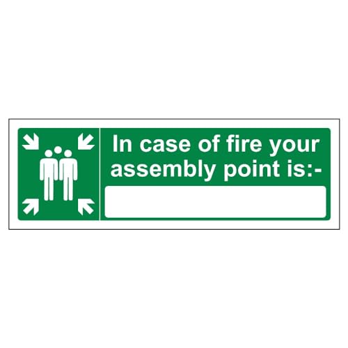 Vsafety Schild mit Aufschrift „In Case Of Fire Your Assembly Point Is:“ Querformat, 300 x 100 mm, selbstklebendes Vinyl von V Safety