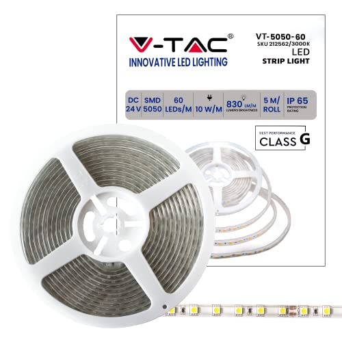 LED-Streifen 5 Meter 10 W pro Meter, SMD 5050, Farbe des Lichts warmweiß, 3000 K für den Außenbereich mit Klebestreifen und Silikonabdeckung, Stromversorgung über 24 Volt. LED-Streifen 5 Meter 10 W pro Meter, SMD 5050, Farbe des Lichts warmweiß, 3000 K für den Außenbereich mit Klebestreifen und Silikonabdeckung, Stromversorgung über 24 Volt. von V-TAC