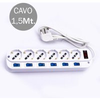 V-tac - Multiplug mit Kabel 1,5m 6 Steckdosen 10/16A 2P+E Bipass + Schuko 45° Generalschalter 6 Einzelstecker 16A 2P+E von V-TAC
