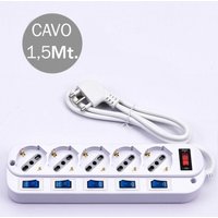 V-tac - Multiplug mit Kabel 1,5m 5 Steckdosen 10/16A 2P+E Bipass + Schuko 45° Generalschalter 5 Einzelstecker 16A 2P+E von V-TAC