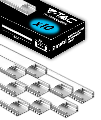 V-TAC 10 x Profile für LED-Streifen, 2 Meter, rechteckig, aus Aluminium – (insgesamt 20 Meter) – Profile für LED-Streifen, matte Abdeckung – max. Fläche LED-Streifen 12,4 mm – Abmessungen 17,4 x 7 mm von V-TAC