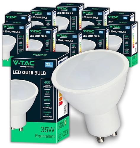 V-TAC 10x LED Glühbirne GU10-4,5W (entspricht 35W) - 400 Lumen - Maximale Effizienz und Energieeinsparung - GU10 Spot LED Glühlampen - 10er Pack - Licht 3000K Warmweiß von V-TAC