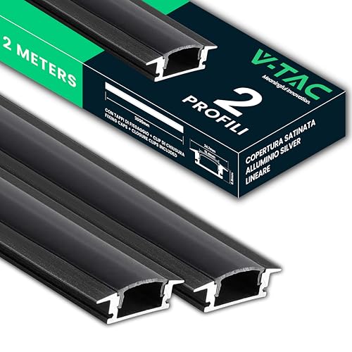 V-TAC 2 x Profile für LED-Streifen à 2 Meter aus schwarzem Aluminium - (insgesamt 4 Meter) - Profil für LED-Streifen mit matter schwarzer Abdeckung - Maße 24,7 x 7 mm - Öffnung 12,4 mm von V-TAC